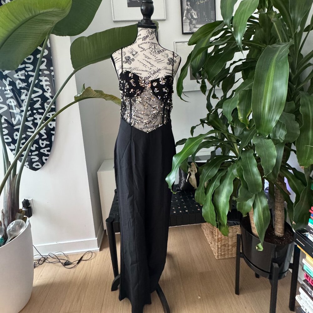 Zara Black Sequin Contrast Jumpsuit